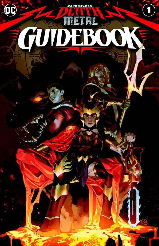 Wonder Woman lounges on a lava throne with her chainsaw, flanked by Aquaman, Harley Quinn, and massive hyena on the cover of Dark Nights: Death Metal Guidebook, DC Comics (2020).