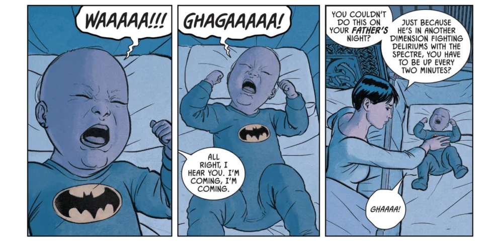 A baby in a Batman onesie cries, and Catwoman gets up to tend to it. “You couldn’t do this on your father’s night?” she mutters, “Just because he’s in another dimension fighting deliriums with the spectre, you have to be up every two minutes?” in Catwoman 80th Anniversary 100-Page Super Spectacular, DC Comics (2020). 